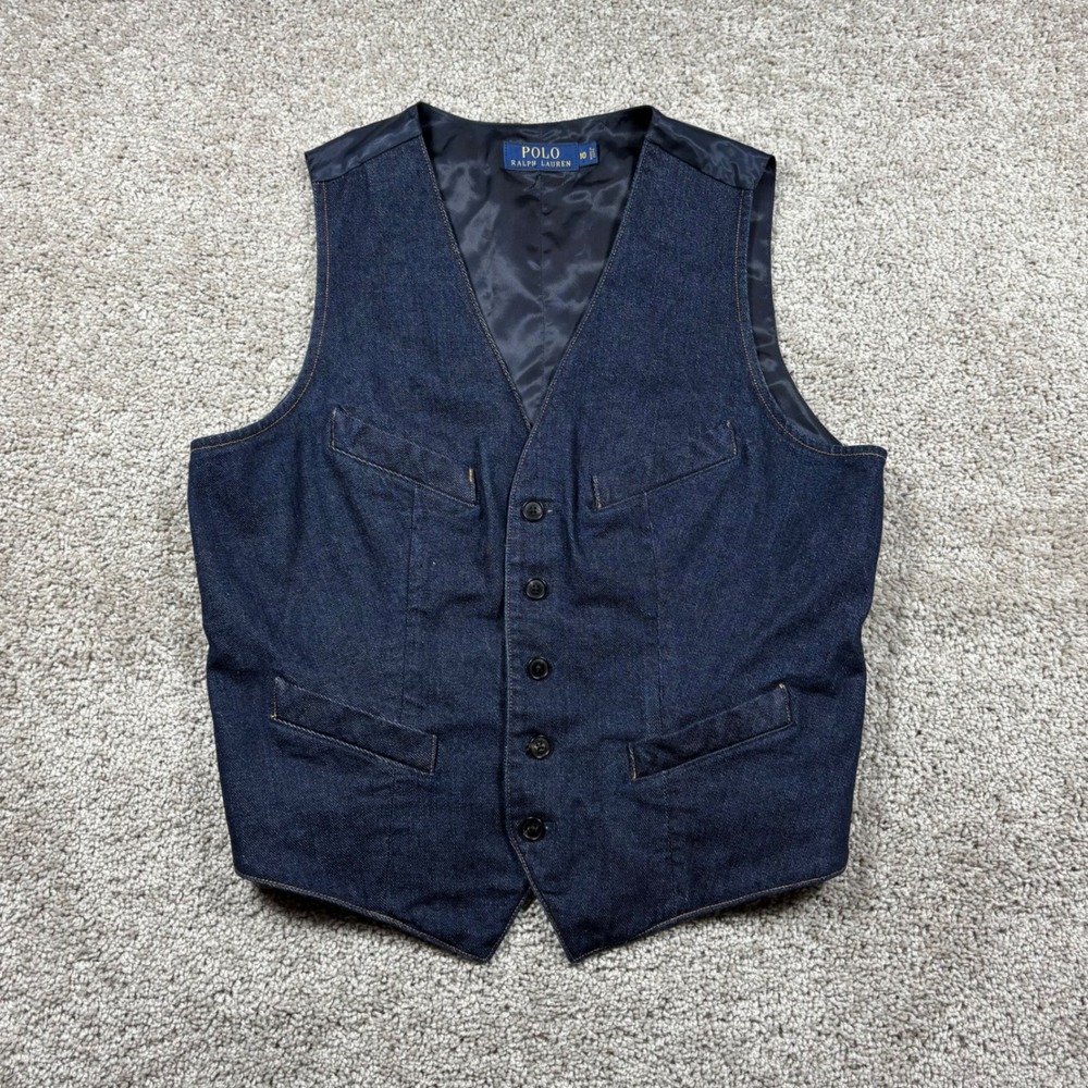 Polo Ralph Lauren Womens Denim Waistcoat Vest Dark Indigo Blue Buckle Back 10
